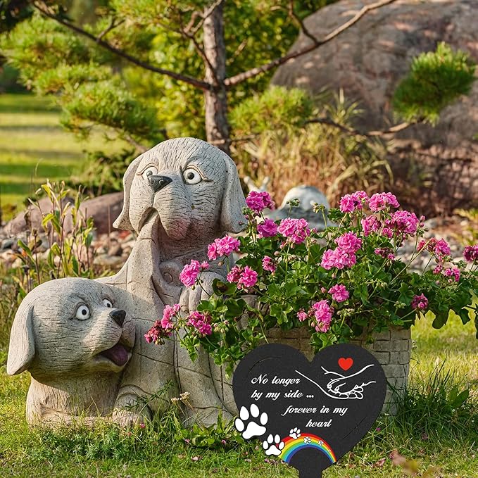 Dog Memorial Grave Stakes - Metal Pets Lover Cemetery Markers Decorations for Humans Heart Plaques Decor for Outdoor Garden Black Bridge Rainbow Personalized Sympathy Yard Remembrance Gifts