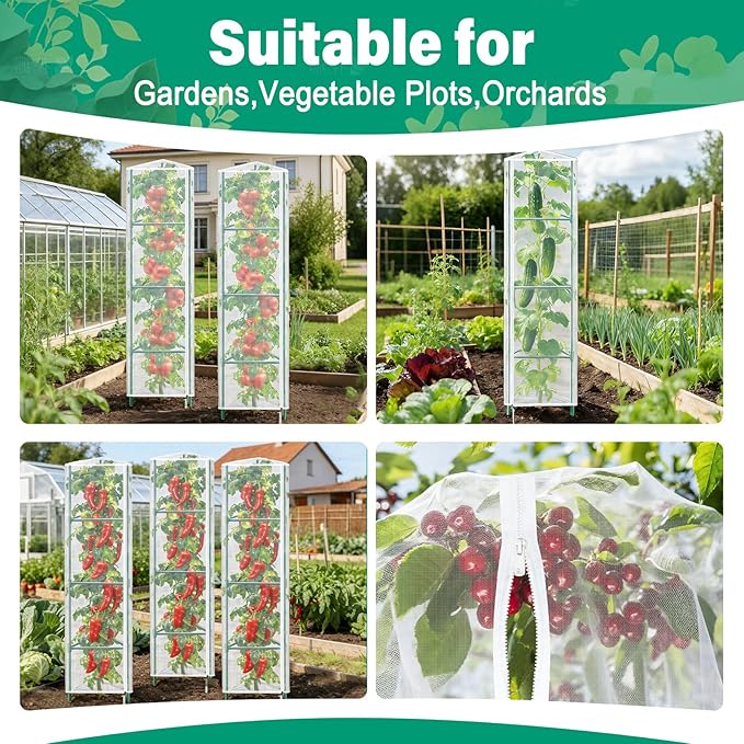 3 Pack Garden Bird Netting Plant Cover for Triangle Tomato Cage, 48"x13" Insect Bird Barrier Tomato Cage Net with Zipper & Drawstring, Tomato Trellis Netting Protection Cover for Protecting Plants