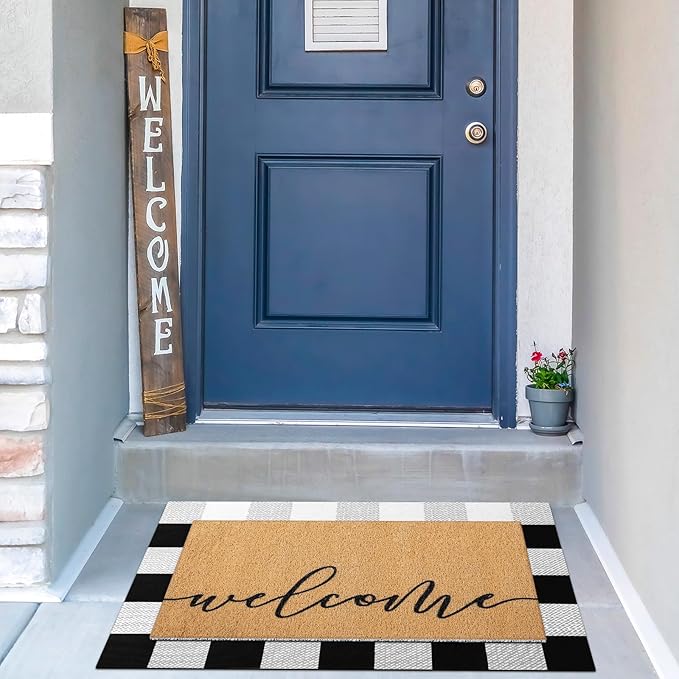 Tinideya 2 Pcs Door Mat Welcome Non Slip Coir Mats Floor Layering Doormats Seasonal for Front Porch Entryway Decor(Welcome)