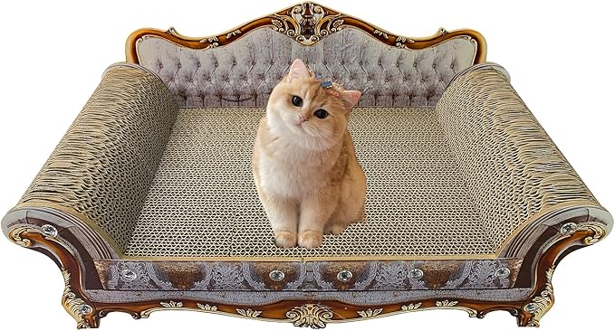 Luxury Cardboard Cat Scratcher Sofa Bed, Couch Shaped Cat Scratching Board, Scratch Lounge with Catnip, Scratcher for Indoor Cats Kittens Kitties Grey