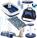 Eccliy Kitten Starter Kit, 10 Pcs Cat Starter Kit for Indoor Cats Kitten Essentials Includes Litter Box, Pet Toy, Folding Carrier, Climbing Frame, Mat, Collar, Automatic Food Bowl (Classic,Dark Blue)