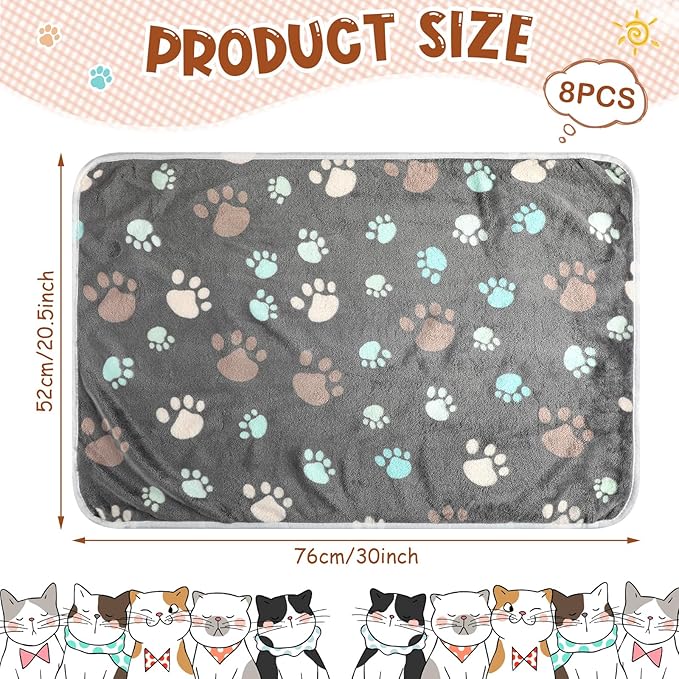 Tegeme 8 Pcs Fleece Dog Blankets for Small Dogs Cat Soft Coral Velvet Warm Sleep Mat Fluffy Dog Paw Print Blanket for Kitten Doggy Small Animal(30 x 20 Inch,Dark)