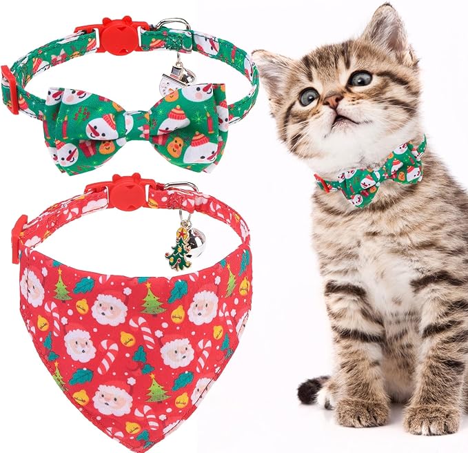 EXPAWLORER Christmas Cat Collar Breakaway with Bells - 2 Pack Cute Holiday Cat Collars Adjustable Xmas Pet Collar with Removable Bow Tie and Bandana, Safety Buckle for Girl Boy Cats Kitten