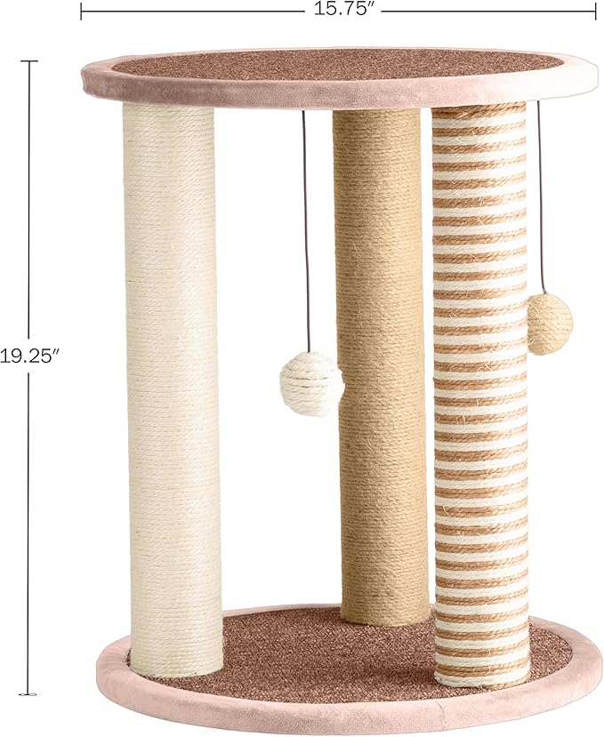 Cat Scratching Post - 3 Scratcher Posts with Carpeted Base Play Area and Perch - Furniture Scratching Deterrent for Indoor Cats by PETMAKER (Brown), Large