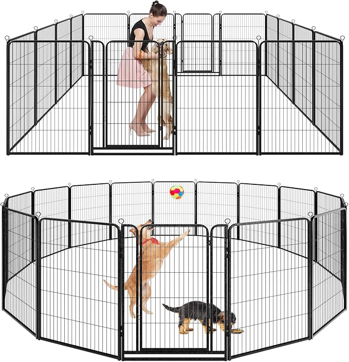 Dog Playpen Outdoor Extra Wide 16 Piece Panels Heavy Duty Dog Fence 47" Height Anti-Rust with Doors Portable for RV Camping Yard, Total 42FT, 140 Sq.ft, Snowy Black
