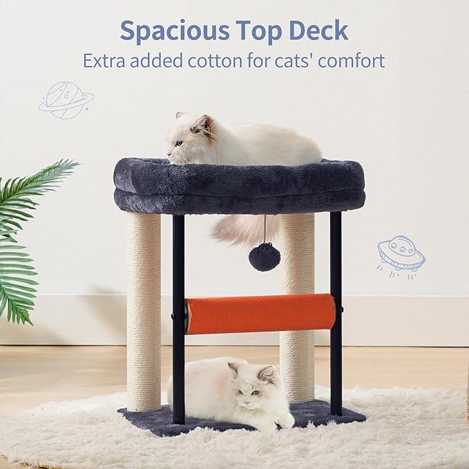 Hey-brother Cat Tree, Cat Scratching Posts with Bed, Sturdy Tower with Fully Sisal-Wrapped Columns and Plush Toy Ball for Indoor Kittens, 18.9 inches, Smoky Gray MPJ010SG