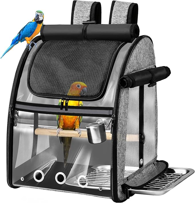 SUERTREE Bird Carrier Bag with Indestructible Stainless Steel Mesh, Bird Travel Cage with Stand, Easy to Clean Backpack for Parrot, Portable Bird Travel Bag, Grey