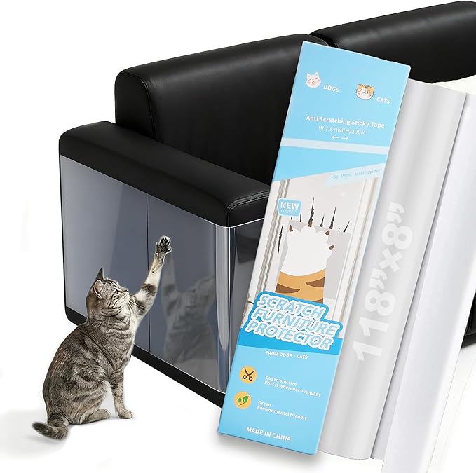 118"x8" Self-Adhesive Cat Scratch Protector Tape, Anti-Claw Couch Furniture Guard for Sofa Beds Doors Tables Walls, Clear Pet Scratch Deterrent