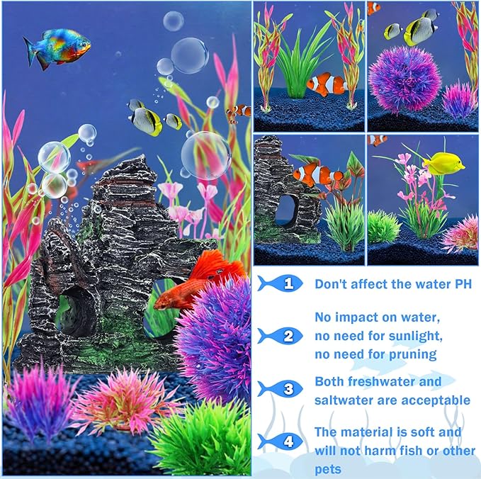 10pcs Aquarium Artificial Plastic Plants Decorations and Rock Cave Decor Set, Fish Tank Accessories Small Large Fish Bowl Ornaments Set