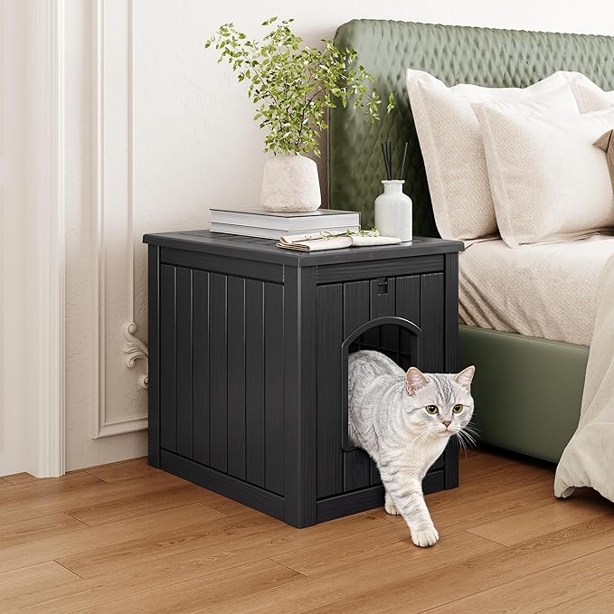 Cat Litter Box Enclosure, Plastic Hidden Litter Box Side Table with Openable Front Door, Waterproof & Weatherproof Cat Box Enclosure Cabinet for Indoor & Outdoor Use (Black)
