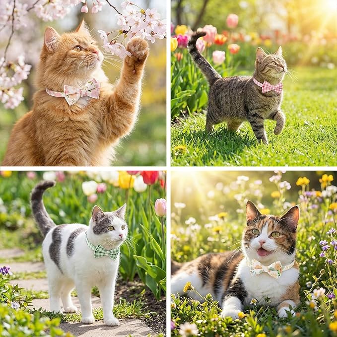 10 Pcs Spring Cat Collar Breakaway with Bow Tie and Bell Kitten Collars Removable Bowtie Plaid Flower Cat Collar for Cats Kittens Puppy(Flower)