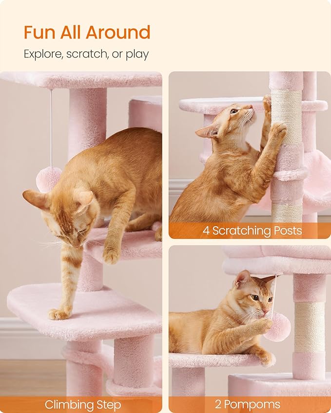 Feandrea Cat Tree, 44.1-Inch Cat Tower, Plush Multi-Level Condo with 4 Scratching Posts, 2 Perches, Hammock, Cave, Jelly Pink UPCT261P01