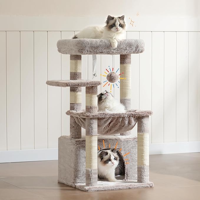 Heybly Cat Tree, Kitten Tower with Large Soft Cat Basket, Cat Condo with Spacious Cat Bed Cave with Hidden Space, Sisal-Covered Scratching Posts,Dangling Ball for Indoor Cats, Muchroom HCT008SMU