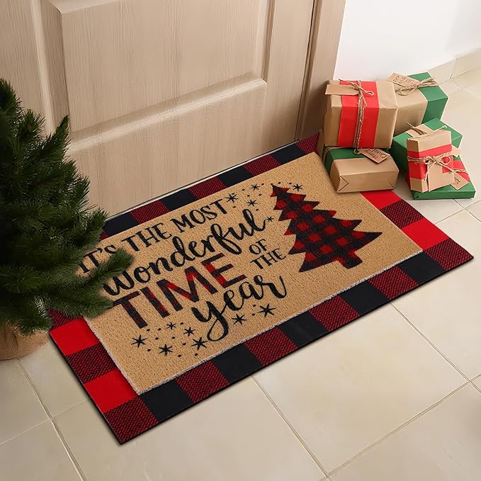 Tinideya 2 Pcs Door Mat Welcome Non Slip Coir Mats Floor Layering Doormats Seasonal for Front Porch Entryway Decor(Christmas Tree)