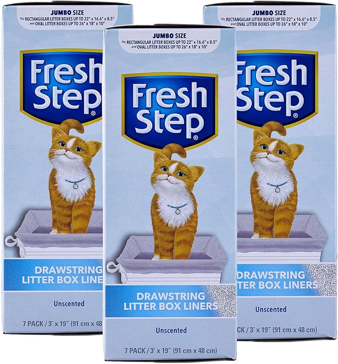 Fresh Step Jumbo Drawstring Cat Litter Box Liners, Unscented Heavy Duty Kitty Litter Bags for X-Large Oval or Rectangle Pans, Helps Contain Mess, Easy Lift Out Cleanup, 36 x 19 in, 7 Count - 3 Pack
