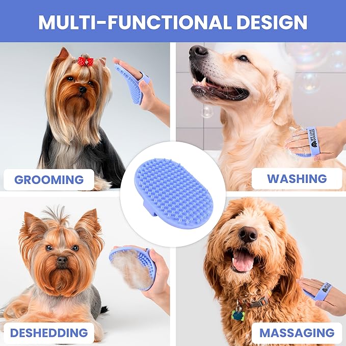 Dog Grooming Bath Brush, Pet Rubber Brush for Shower Scrubbing & Soothing Massage, Ideal for Long & Short Haired Dogs and Cats, Essential Puppy Accessories, Short-Pins [We Love Doodles]