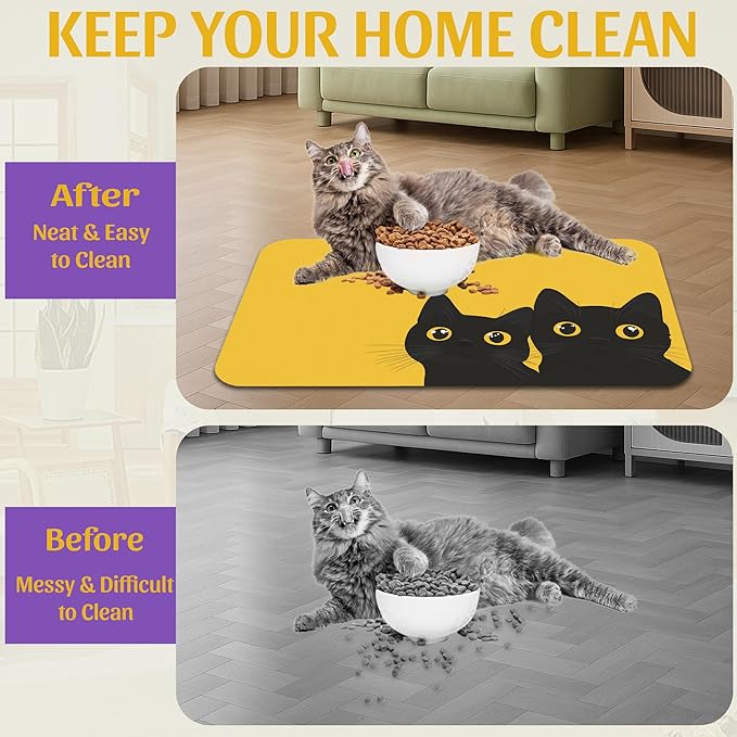 Cute Black Cat Peeking Pet Bowl Mat, Absorbent Placemat for Food and Water, Waterproof Non-Slip Rubber Base – 16x24 Inch