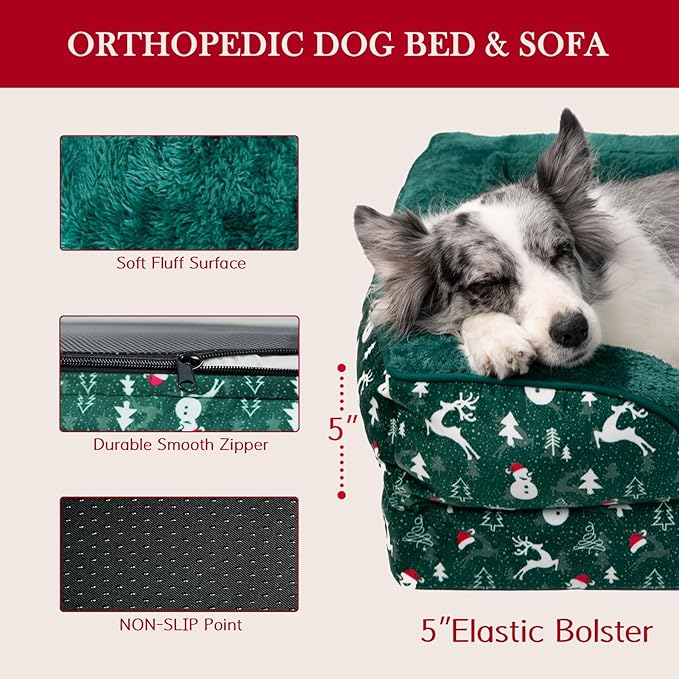 Comfort Expression Orthopedic Dog Bed for Extra Large Dogs 42x30 Inch, Waterproof Egg Crate Foam XL Pet Bed, Gifts for Christmas, Dog Couch with Washable Cover & Non-Slip Bottom, Christmas Green