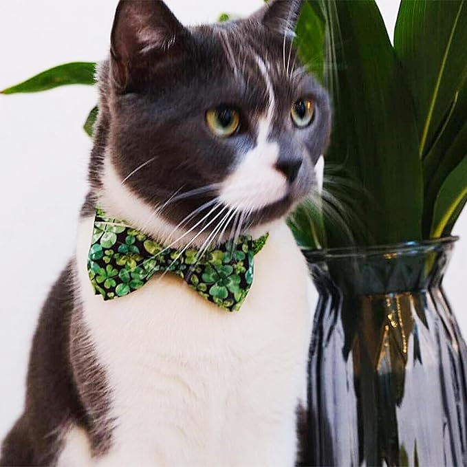 2 Pack St. Patrick's Day Irish Cat Collar with Bow Tie, Holiday Shamrock Clover Collar for Boys and Girls Male Female Kitty Kittens
