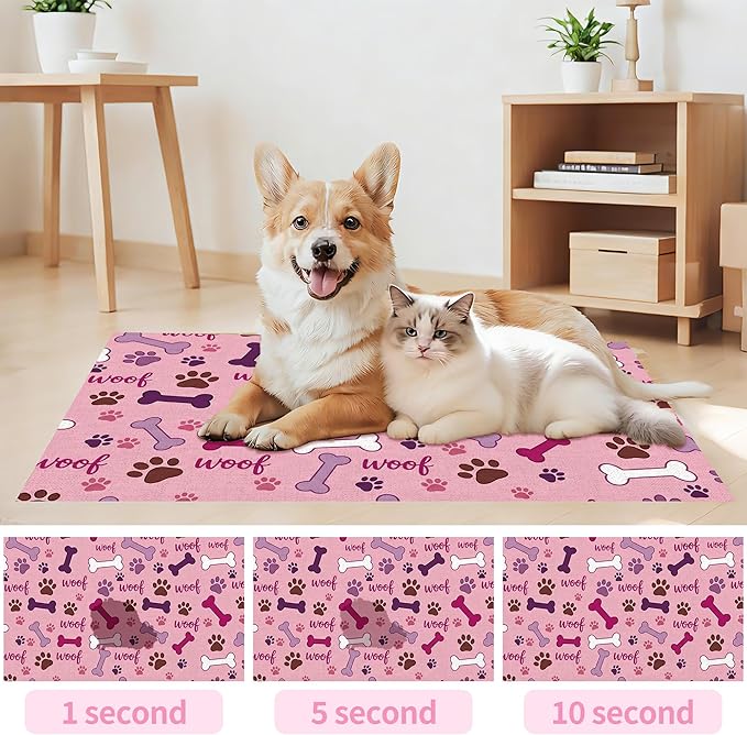 Dog Feeding Mat 20 x 12 Inch, Pink Paw Bone Woof Dog Placemat Absorbent Quick-Dry for Food and Water, Waterproof Non Slip Rubber Pet Bowl Pad Mat for Floors