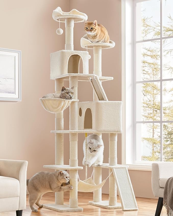 Yaheetech Cat Tree, 82.5in Large Tower w/Hammock, 2 Kitty-Ear Perches, 2 Cozy Condos, Scratching Posts, Basket, Furniture for Large Cats, Kittens, Beige
