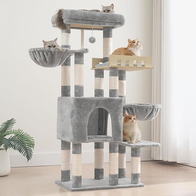 Cat Tree for Indoor Cats Large Adult, Heavy Duty Cat Tree for Large Cats 20 lbs+, Cat Condo with Big Wooden Perch, Cat Tower with 14 Scratching Posts, Hammock, Light Gray GCT023W