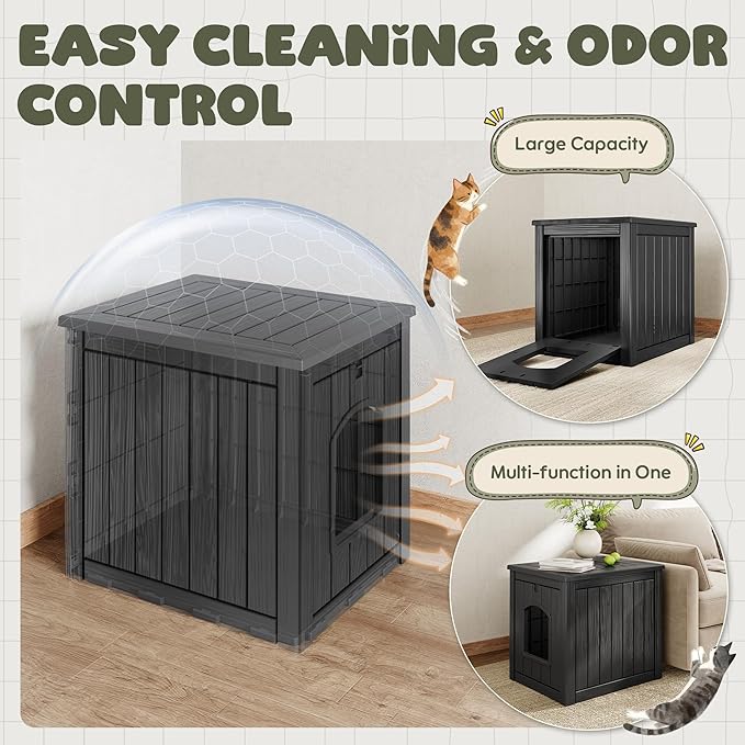 Cat Litter Box Enclosure, Plastic Hidden Litter Box Side Table with Openable Front Door, Waterproof & Weatherproof Cat Box Enclosure Cabinet for Indoor & Outdoor Use (Black)