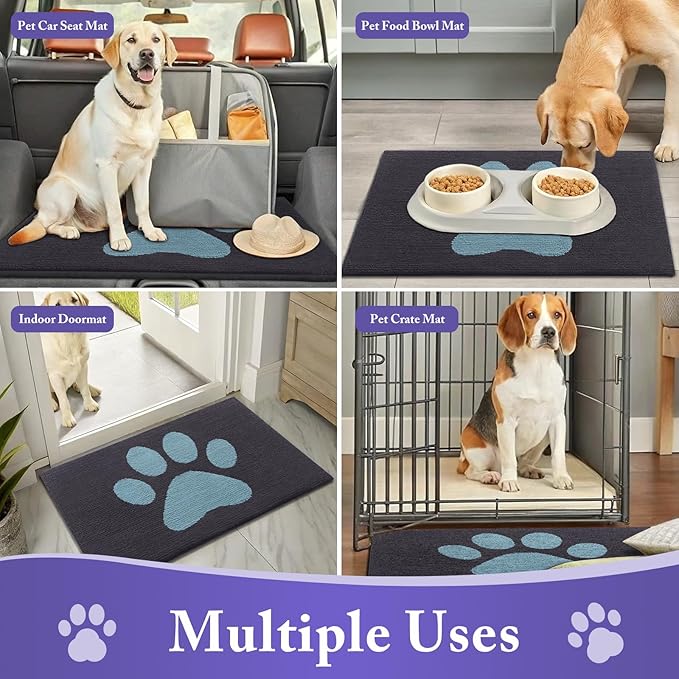 Buganda Dog Door Mat for Muddy Paws, Absorbent Dirt Trapper Non Slip Indoor Doormats, Washable Low-Profile Mat for Mud Dogs, Entryway Carpet for Inside Floor (30x20 Inches, Dark Grey and Blue)