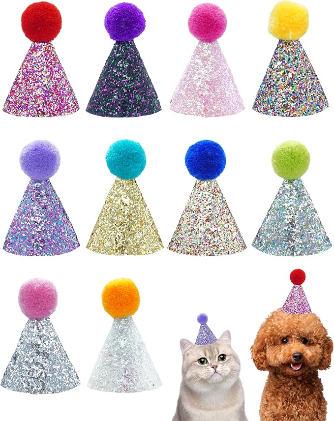 PET SHOW 10 Pack Mini Small Dog Hats with Sequins Puppy Birthday Party Hats Cats Adjustable Holiday Hats Headband Kitten Hats Pet Grooming Costume Accessories