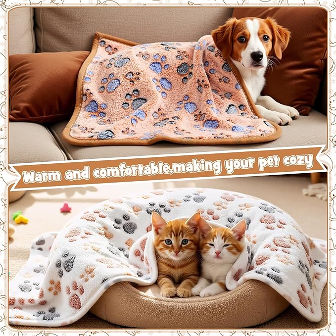 Tegeme 12 Pcs Pet Blankets Soft Fluffy Fleece Dog Cat Warm Paw Print Pattern Blankets Flannel Throw for Pets Dog Puppy Cat(30 x 20 Inch,Pink,Beige,Camel)
