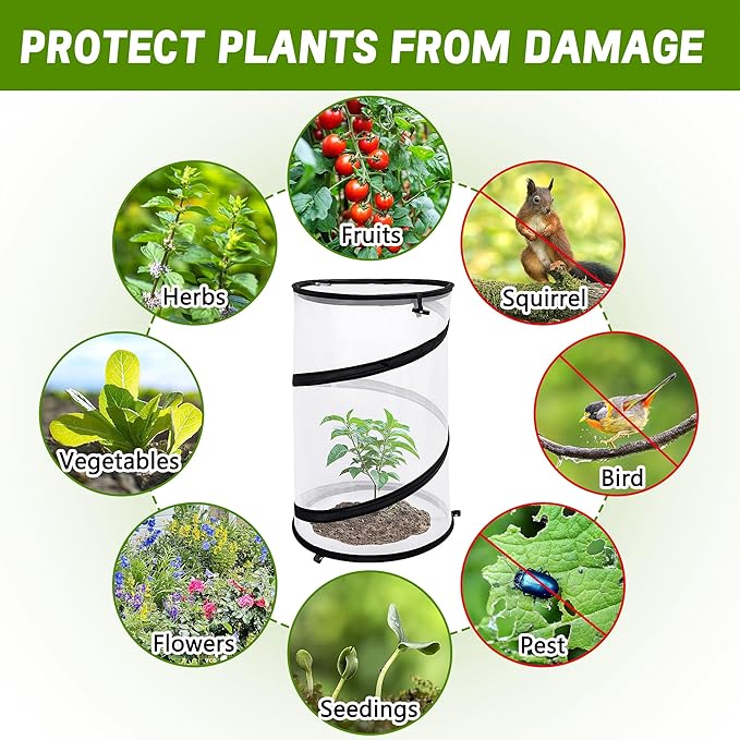 4 Pcs Pop Up Insect Barrier Plant Cover Net, 19.6" x 11.8" Round Foldable Plant Protectors Mesh Plant Enclosure, Garden Net Cage Guard Cover with Stakes & Carry Bag for Protect Plants from Bird Insect