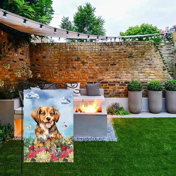 Dog Welcome Garden Flag Welcome Happy Butterfly Dog Animals Outdoor Garden,Flag Welcome Spring Summer Garden Flag,Flower House Seasonal Decoration -12 x 18"Inch Double Sided