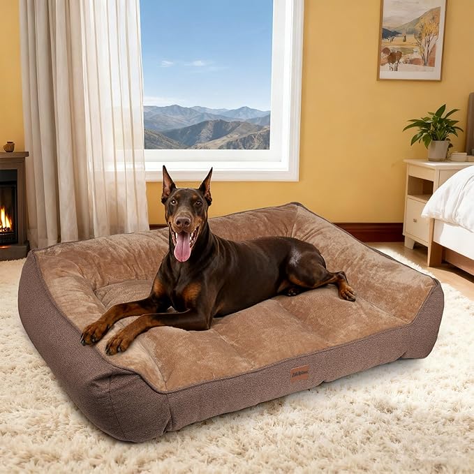 Orthopedic Dog Bed for Extra Large Dogs - Extra Thick Supportive Dog Couch Bed, Pet Beds Sofa with Waterproof Washable Cover & Non-Slip Bottom, Brown, 48x35 Inch