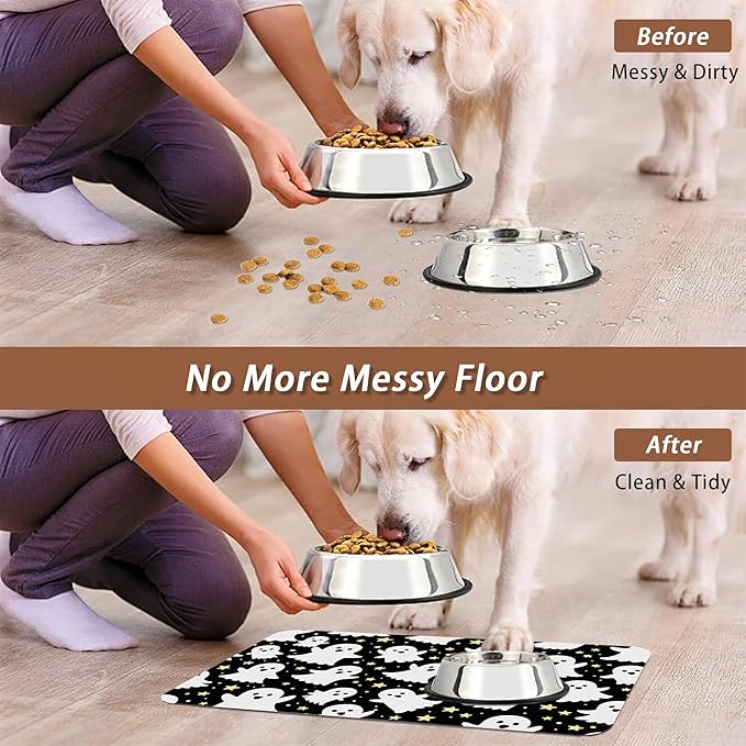 Halloween Pet Feeding Mat,Ghosts Absorbent Quick-Dry Cat Dog Food and Water Bowl Mats,Non-Slip Rubber Backing Mat,Cat Dog Accessories Supplies 16"x24"