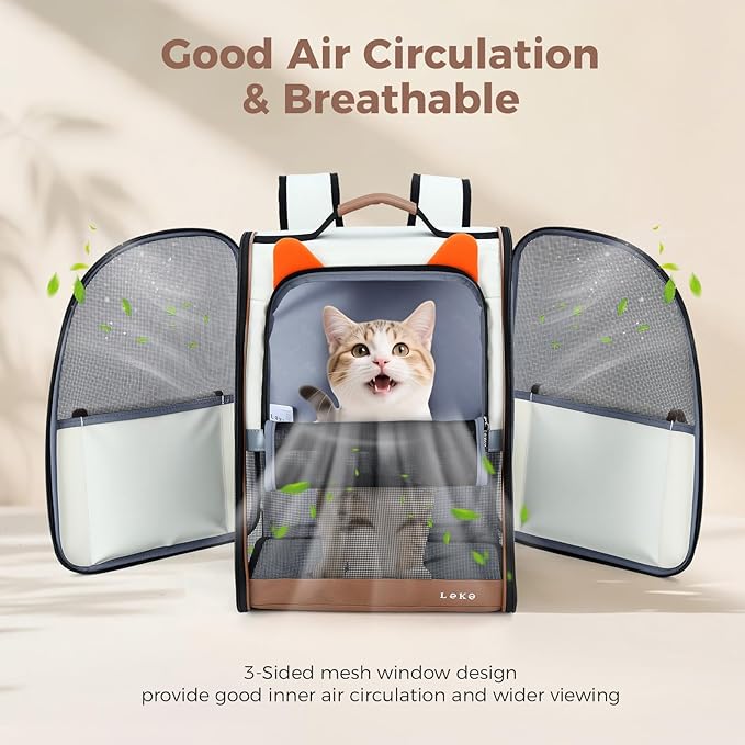 Lekereise Ventilated Dog Backpack Carriers, Cat Carrier Backpacks with Breathable Mesh for Small Cats Dogs Up to 17 Lbs, Pet Foldable Backpack Great for Travel Hiking Camping Outdoor Beige-Orange Ears