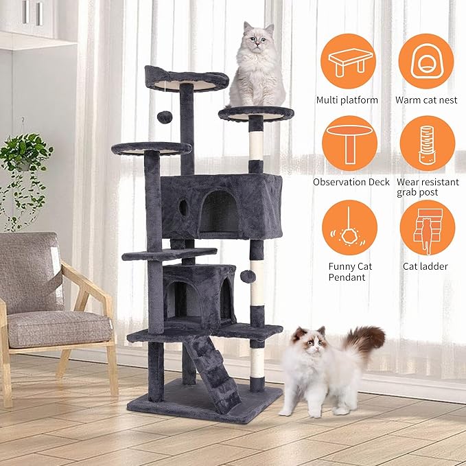 Cat Tree for Indoor Cats, Multi-Level Cat Tower with Scratching Posts & Cozy Condo, Space Saving Cat Activity Center, Durable Pet Play House (54in,Ashy)