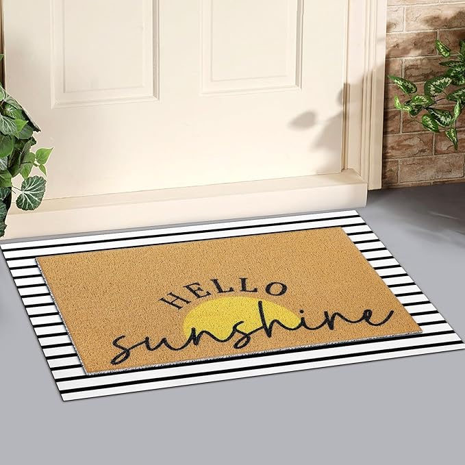 Tinideya 2 Pcs Summer Sunshine Door Mat Yellow Welcome Non Slip Coir Mats Stripe Floor Layering Doormats Seasonal for Front Porch Entryway Decor(Sunshine)