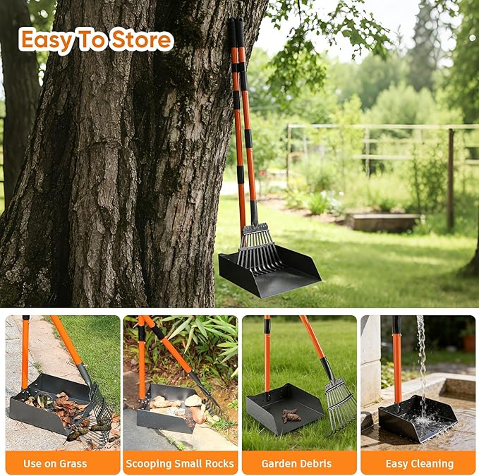 Pooper Scooper, Detachable Long Handle Dog Pooper Scoopers with Heavy Duty Metal Rake and Tray, Durable Pooper Scooper for Large Dogs, Great for Lawn, Grass, Dirt, Gravel, Yard