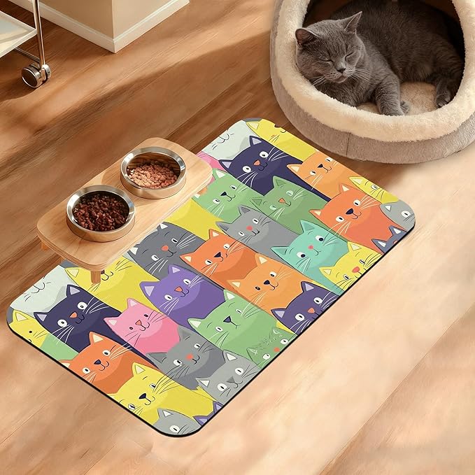 Cute Colorful Cats Dog Food Mat, Absorbent Pet Feeding Mat for Food and Water Bowl,Quick Dry Dog Placemat Non Slip Rubber Backing Waterproof Pet Supplies 12" x 20"