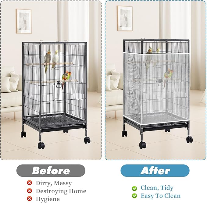Large Bird Cage Net, Universal Adjustable Bird Cage Covers Mesh Polyester Birds Cages Seed Catcher Parakeet Cages Liners Birds Cagees Accessories for Birdcage Parakeet Parrot Enclosures (White)