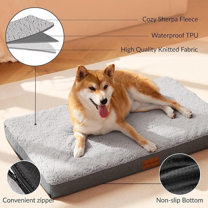 Patas Lague Orthopedic Dog Bed Large Sized Dog 36''X24'',Soft Waterproof Egg Crate Foam Medium Pet Crate Beds Mat with Removable Washable Cover and Non-Slip Bottom, Light Grey