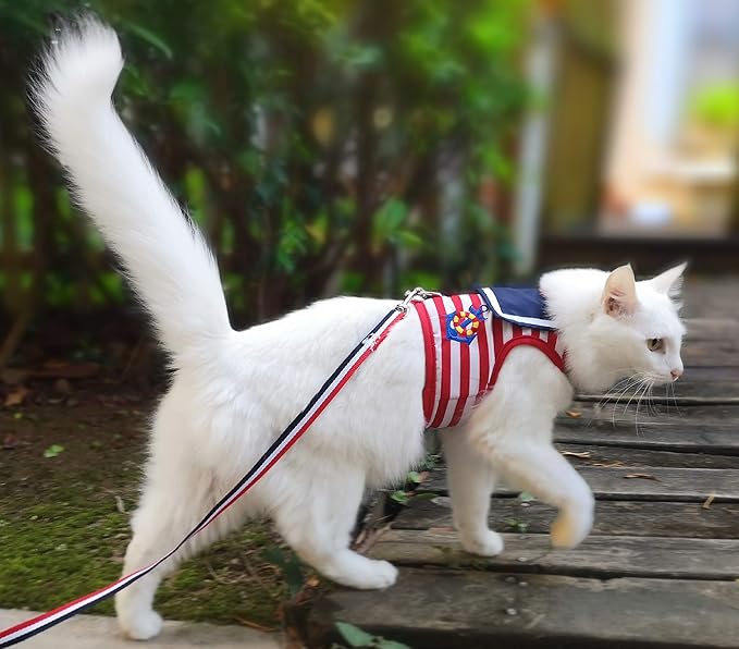 Cat Harness and Leash for Walking Escape Proof, Adjustable Cat Vest Harness, Padded Stylish Cat Walking Jackets, Sailor Suit Red, Medium