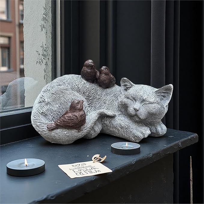 Cat Statue Outdoor Garden Decor - 11.4" Sparrows on Cat Figurine Memorial Grave Markers Garden Resin Sculpture for Outdoor Decoration, Pet Statues Gifts for Loss of Tabby Sympathy 11.4" x 7.1" x 4.6"