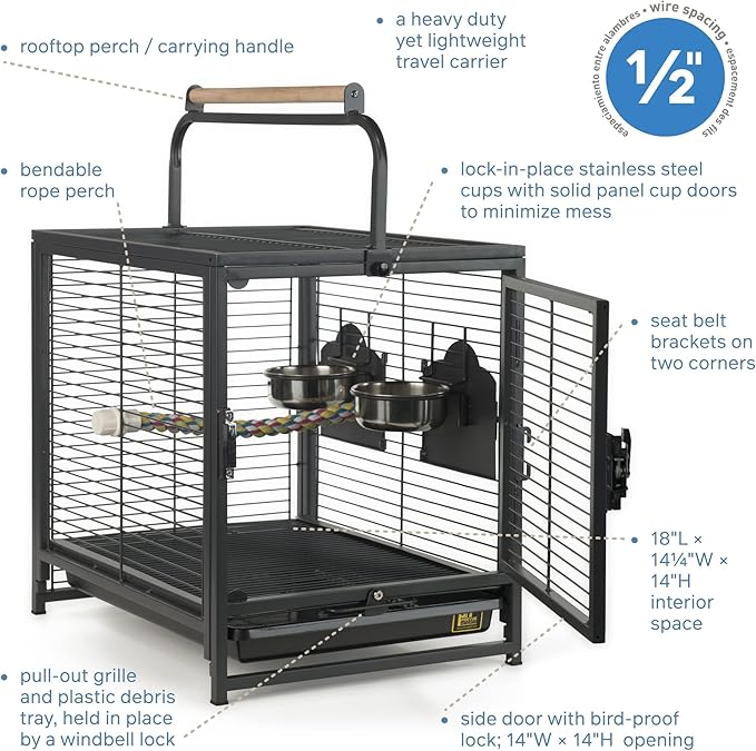 Prevue Pet Products Playtop Travel Carrier - Outdoor Travel Bird Cage for Small Parrots & Birds, Front Facing Door, Rope Perch, Lightweight & Portable, Easy Transport - Black