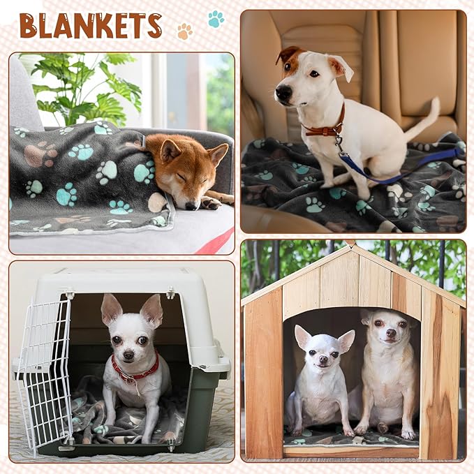 Tegeme 8 Pcs Fleece Dog Blankets for Small Dogs Cat Soft Coral Velvet Warm Sleep Mat Fluffy Dog Paw Print Blanket for Kitten Doggy Small Animal(30 x 20 Inch,Dark)