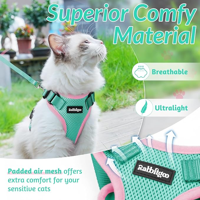 rabbitgoo Cat Harness and Leash for Walking, Escape Proof Soft Adjustable Vest Harnesses for Cats, Easy Control Breathable Reflective Strips Jacket, Green&Pink, XXS