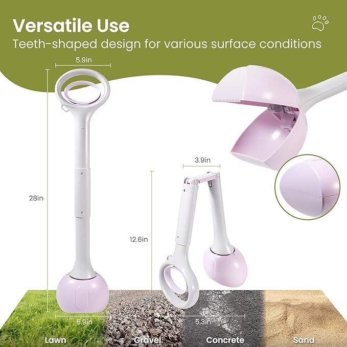 Dog Pooper Scooper Portable with Bag Attachment, One Handed Foldable Design, Includes 120 Waste Bags and Dispenser, 28 Inch Handle for Grass Yard Gravel Cleanup (Purple)
