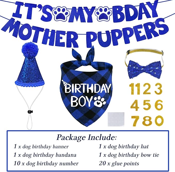 STMK Dog Birthday Decorations, Multi Sizes Dog Birthday Hat with Numbers Bandana Bow Tie It’s My Bday Mother Puppers Banner for Small Medium Dogs Pets (Blue, Small)