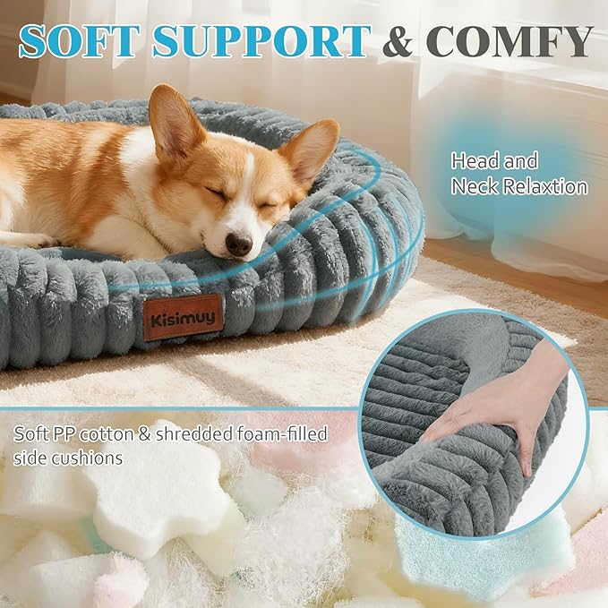 Orthopedic Dog Bed for Small Medium Dogs & Cats - Soft Furry Puppy Bed with Removable Washable Cover & Anti-Slip Bottom, Calming Rectangle Cat & Puppy Bed for Indoor Pets, 25x21x4inches, Grey