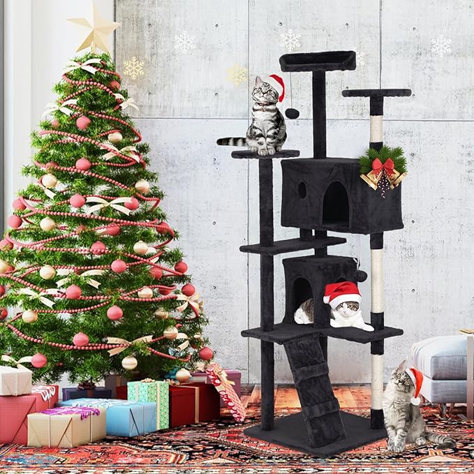 Heavy Duty Cat Tree Tower, 70" Tall Cat Tower for Indoor Cats with Cat Scratching Post with Bed, Cat Condo, Hanging Ball, Multi-Level Cat Climbing Tower Cat Trees Furniture Activity Center, Dark Grey